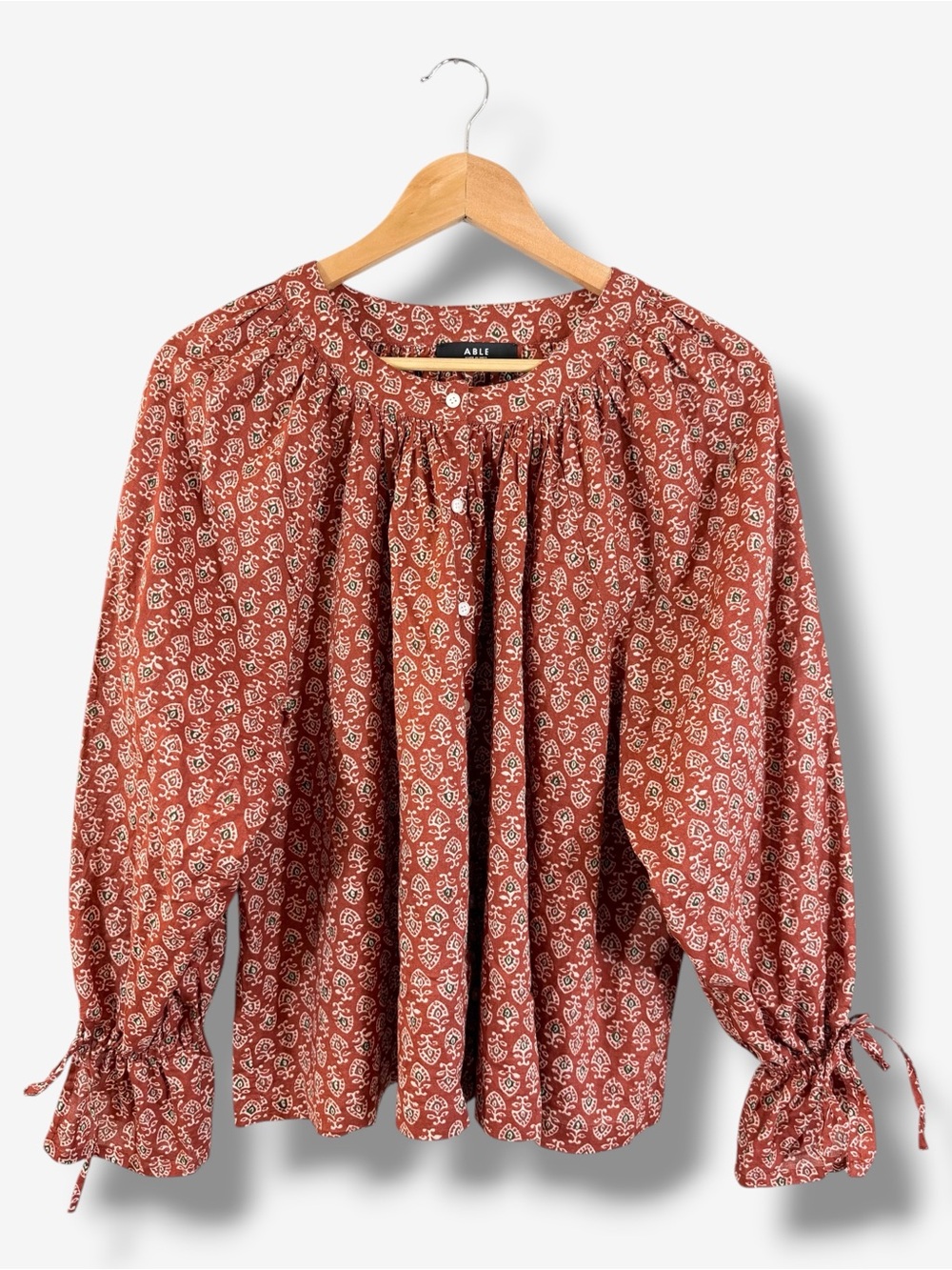 Able Kristen Button Down Blouse XXL Rust Print Long Tie Sleeve Casual Peasant